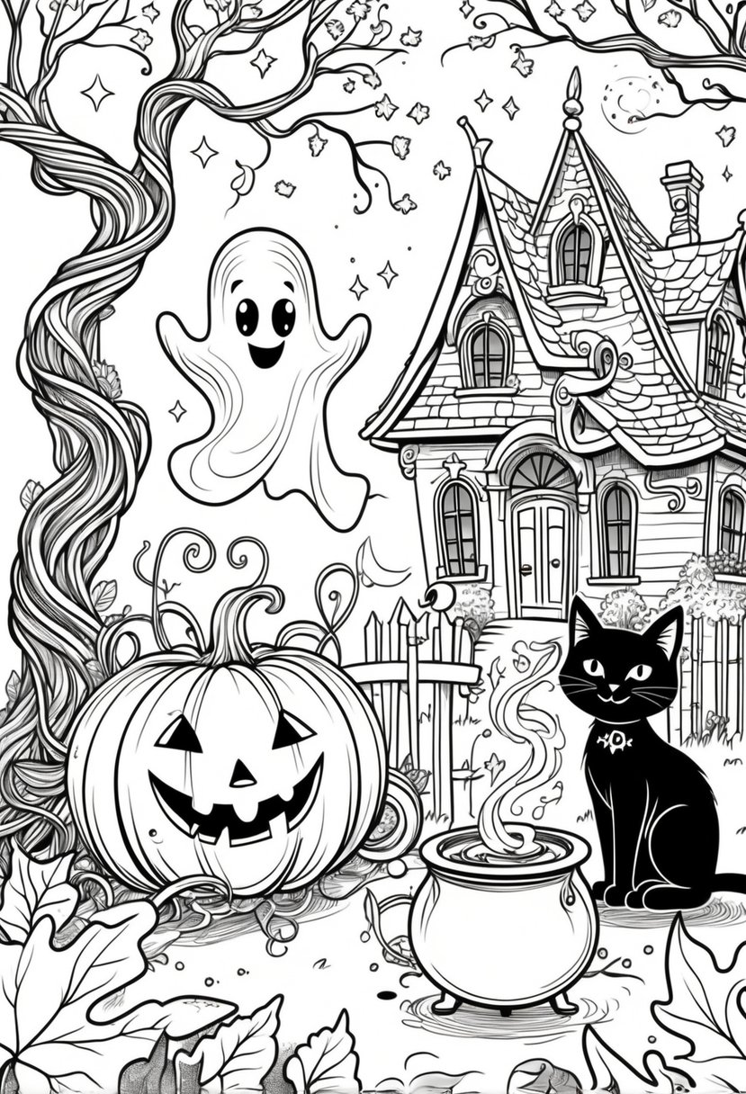 Halloween Coloring Pages for Kids Featuring 16 Cute and Friendly Characters and Scenes 34 A Halloween scene with a smiling pumpkin, a friendly ghost, a haunted house, a black cat on a fence, falling autumn leaves, and a bubbling cauldron with magical smoke.